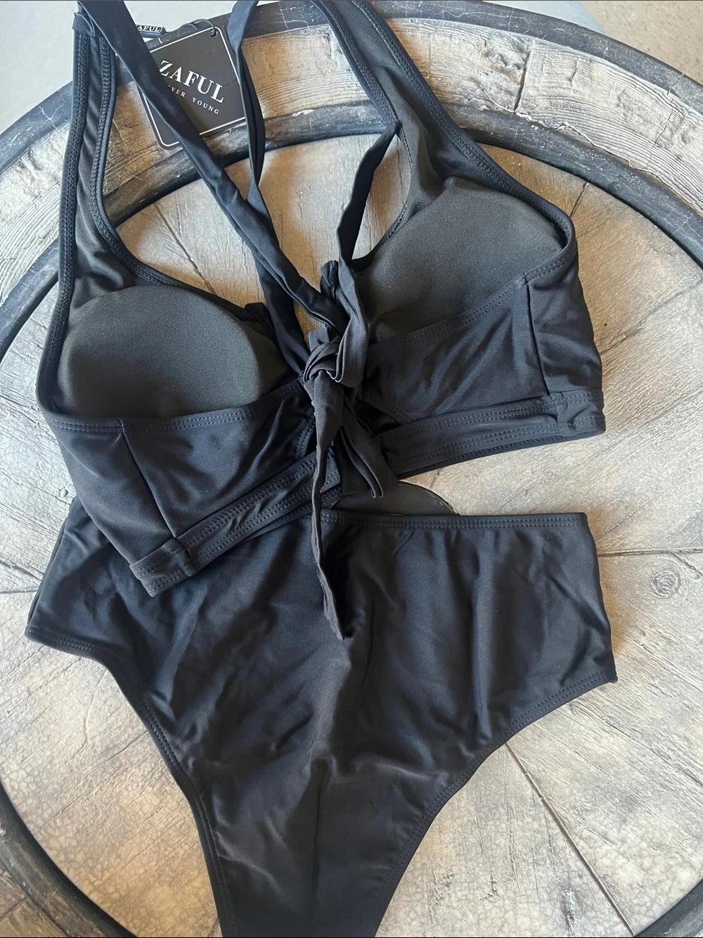Zaful Black V‑Neck Tie High‑Waist Bikini Set Small B11
